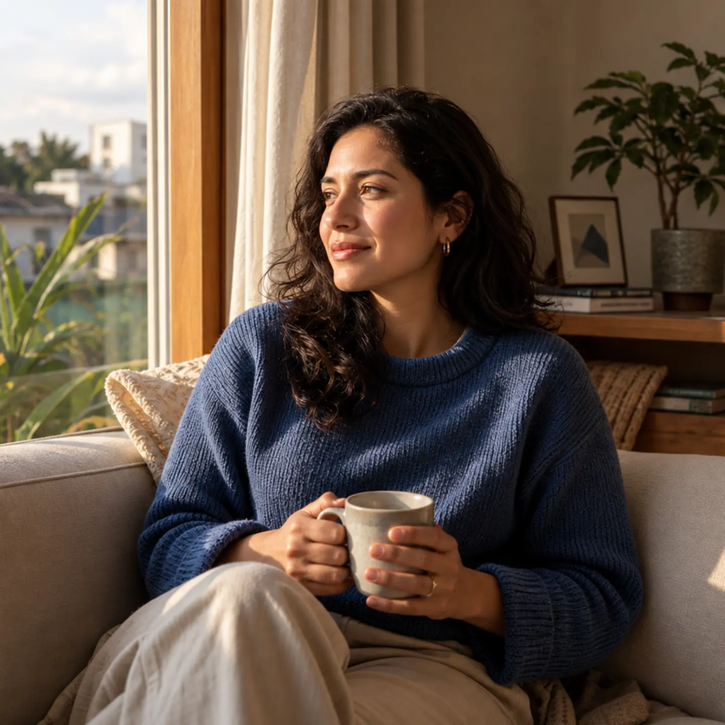 Mujer sosteniendo una taza junto a una ventana, en un momento de calma.